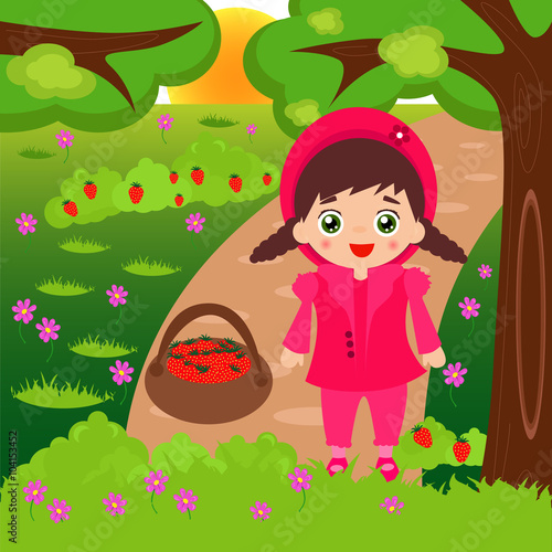 Illustration of cartoon little girl picking strawberries in the forest.