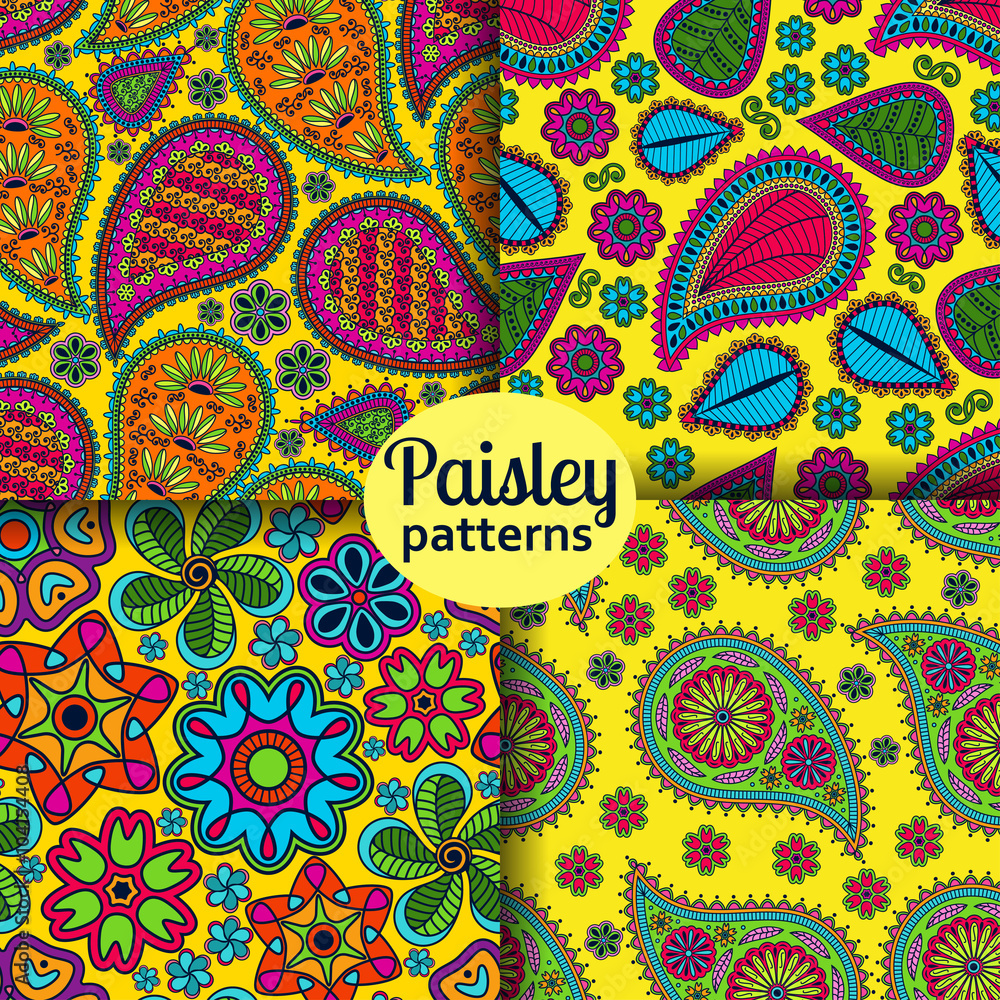 Fototapeta premium Zestaw bez szwu wzorów z paisleys i kwiatami. Romantyczny design w jasnych kolorach ilustracji wektorowych.