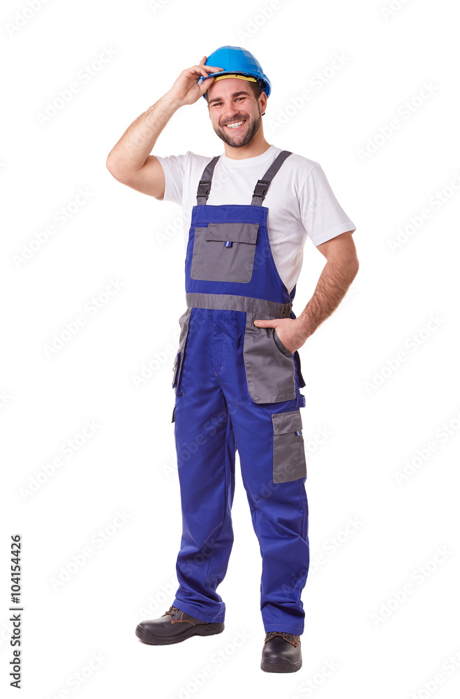 Manual worker with blue helmet and uniform Manual worker with blue helmet and uniform