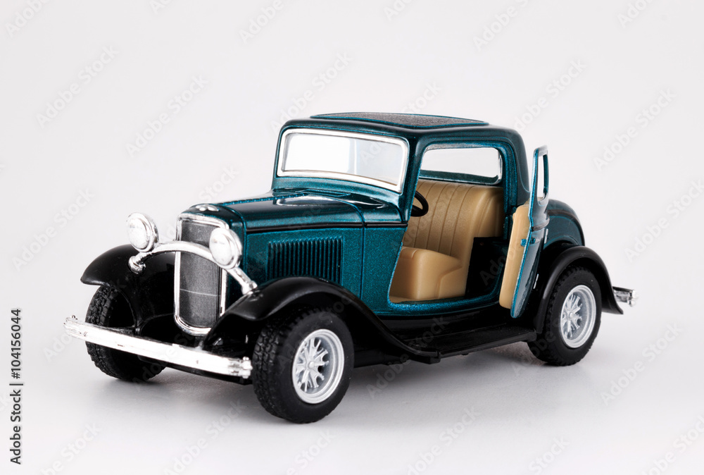 Antique Model Cars Toy, Dark Green toy car model isolated on white background.