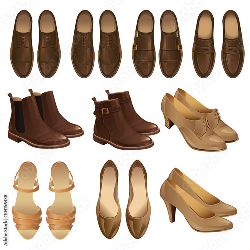Vector illustration of classic shoe style. Set of man leather brown shoes and woman leather black shoes. Pair of black formal shoes for business man. Monk shoes, loafer shoes