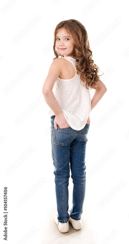 Portrait of adorable happy little girl in jeans Stock-Foto | Adobe Stock
