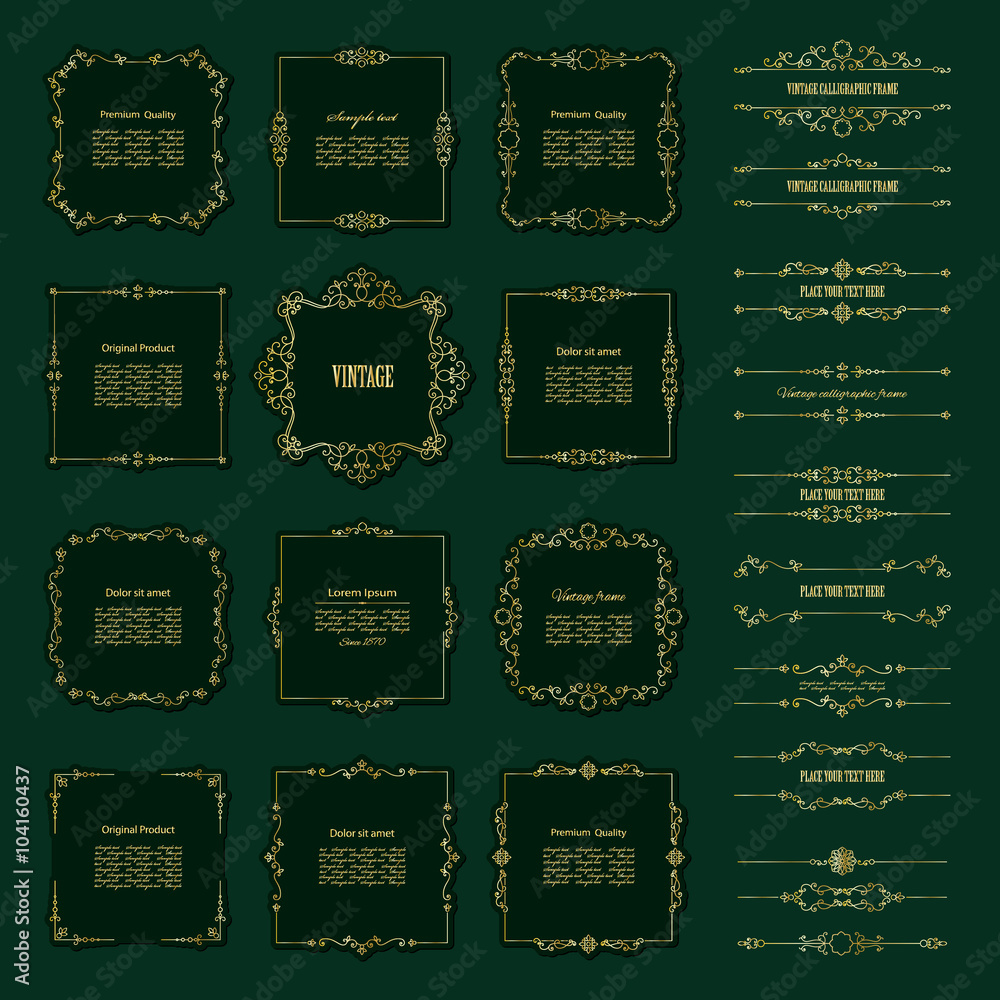 Luxury golden frame and border set. Calligraphic design elements. Luxury golden frame and border set. Calligraphic design elements.