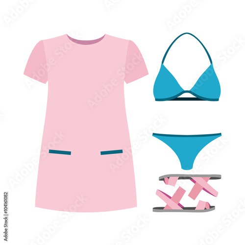 Set of trendy women's clothes. Outfit of woman swimsuit, dress and accessories. Women's wardrobe. Vector illustration