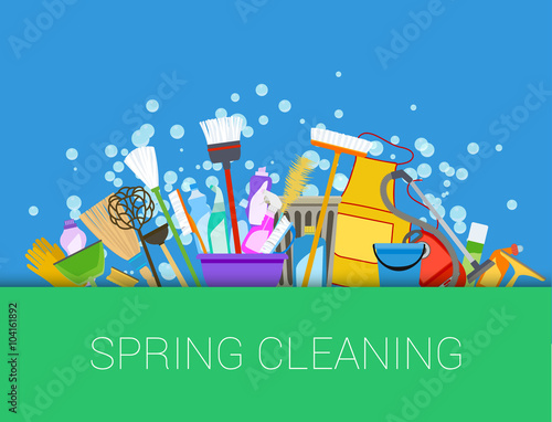 Spring cleaning background. Set of cleaning supplies, tools