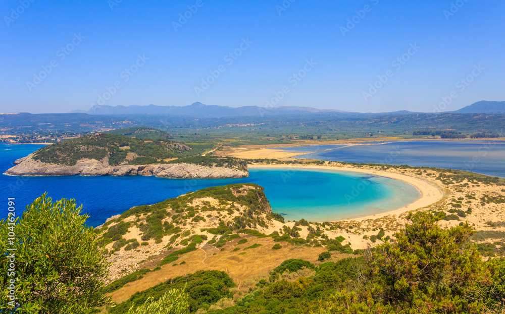 Beautiful lagoon of Voidokilia from a high point view, Greece, Europe
