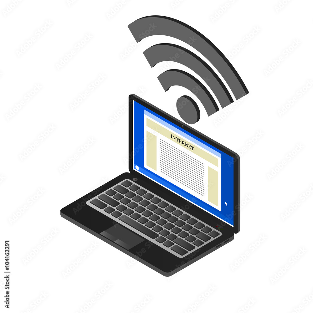 The laptop and sign Wi-Fi in isometric. computer The laptop and sign Wi-Fi in isometric. computer