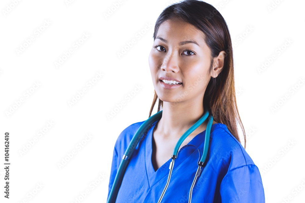 Asian nurse with stethoscope looking at the camera Asian nurse with stethoscope looking at the camera
