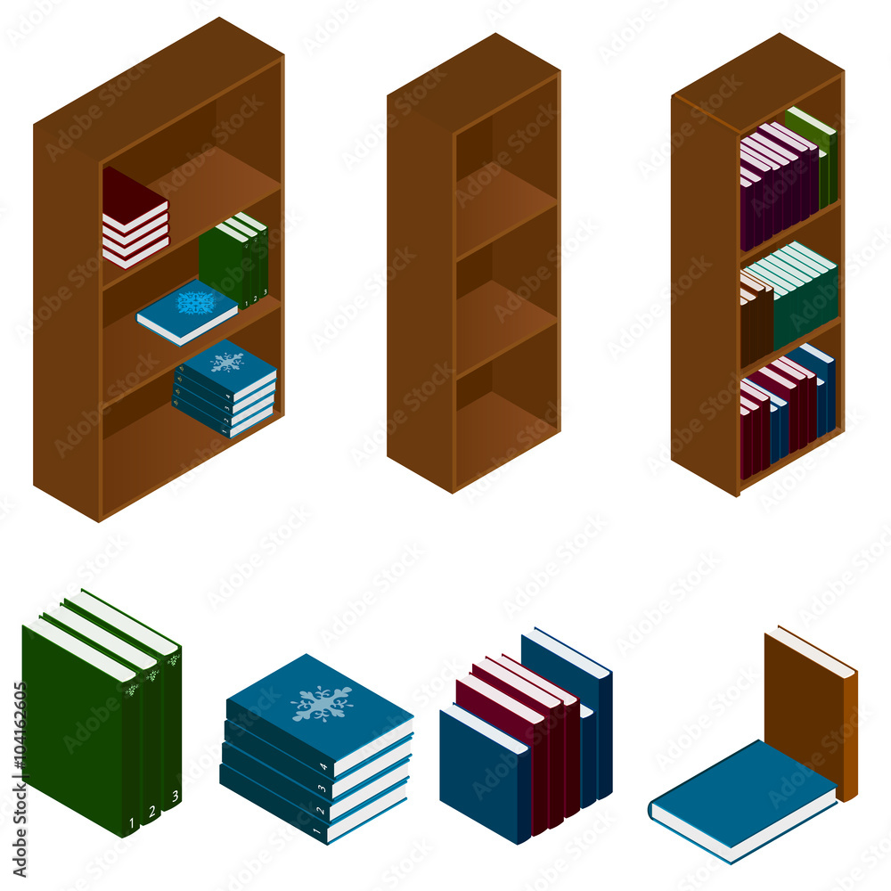 Bookshelves with books in the isometric. Wooden high shelving fo Bookshelves with books in the isometric. Wooden high shelving fo