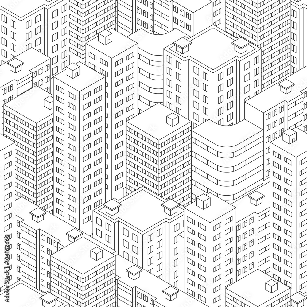 Town in isometric view. Seamless pattern with houses. Linear sty