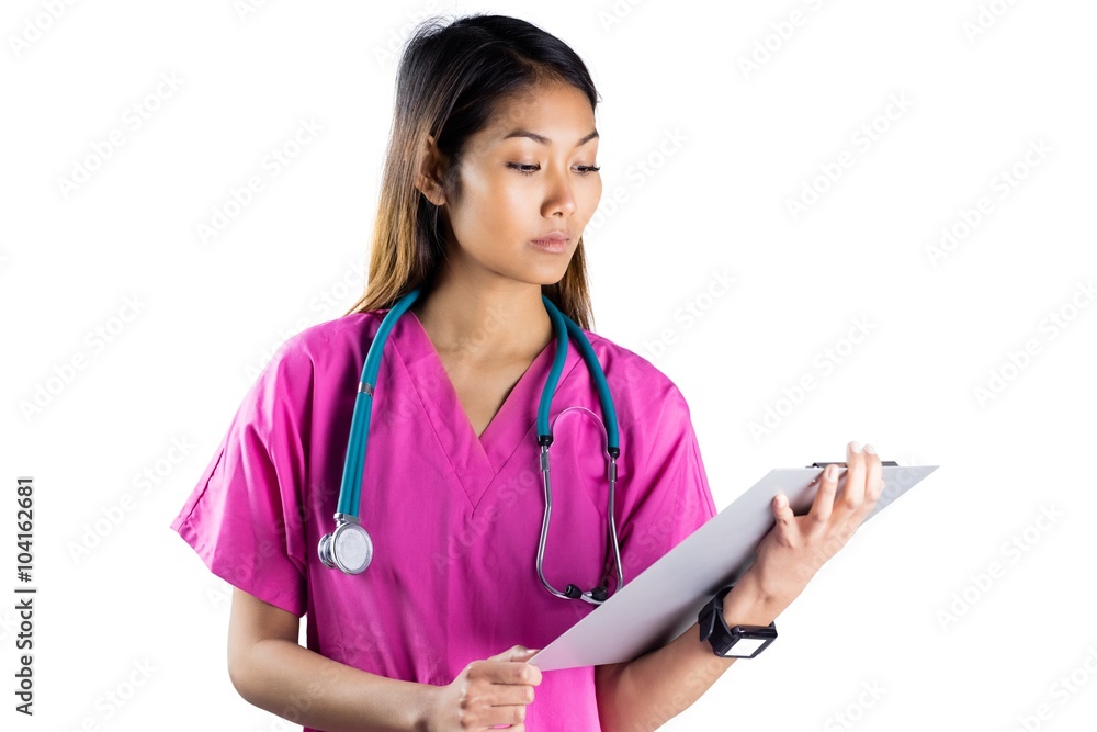 Asian nurse with stethoscope looking at the camera Asian nurse with stethoscope looking at the camera