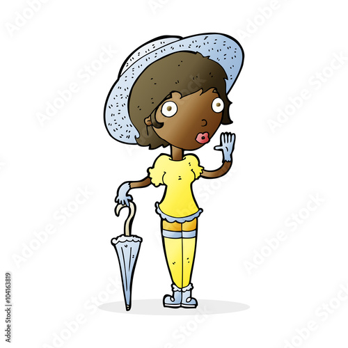 cartoon woman in summer hat waving