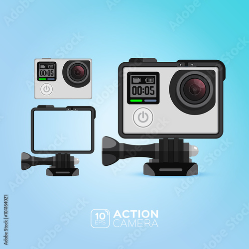 Action camera. illustration. Vector image isolated on blue background.