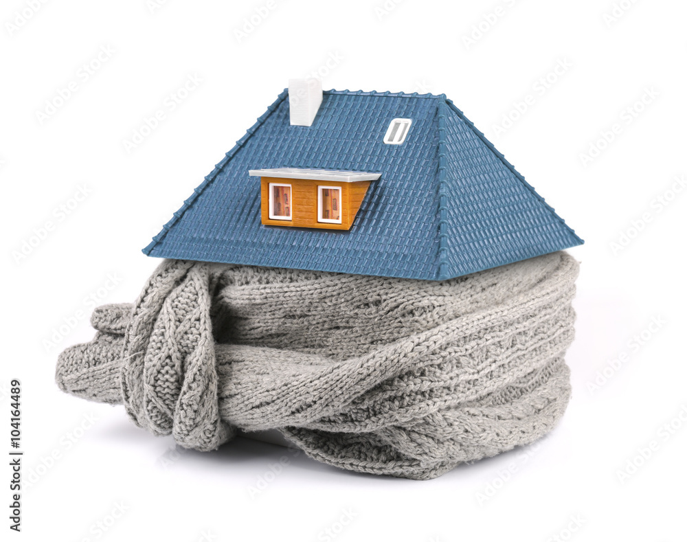 home insulation concept. scarf around the house - obrazy, fototapety, plakaty 