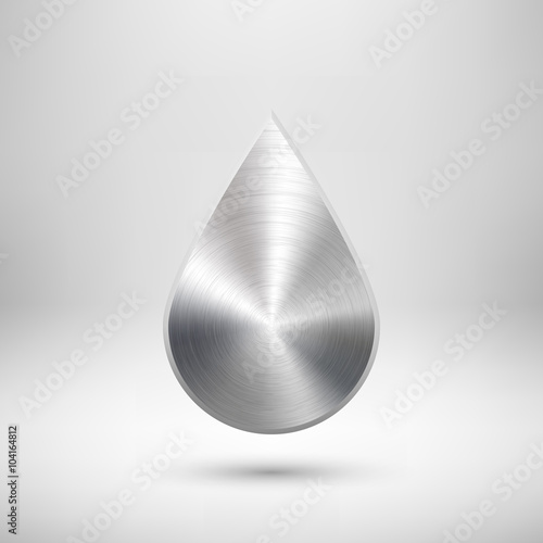 Abstract drop badge, blank button template with metal texture, chrome, silver, steel, realistic shadow and light background for logo, design concepts, web, UI, applications, apps. Vector illustration.