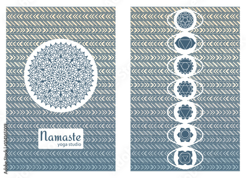 Yoga studio business template with chakra pictograms. Set of chakras used in Hinduism, Buddhism and Ayurveda. Elements for your design. Vector illustration.