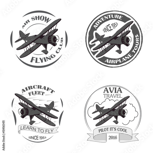 Vintage airplane emblems. Biplane labels. Retro Plane badges, plane design elements. Aviation stamps collection Aerial logo and logotype. Fly stamps isolate, pilot academy symbols Vector Jet elements.