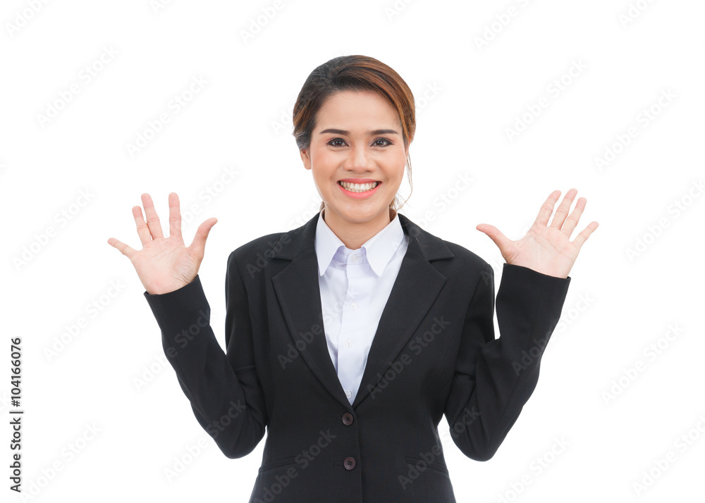 Asian business woman with hands extended smiling isolated on whi Asian business woman with hands extended smiling isolated on whi