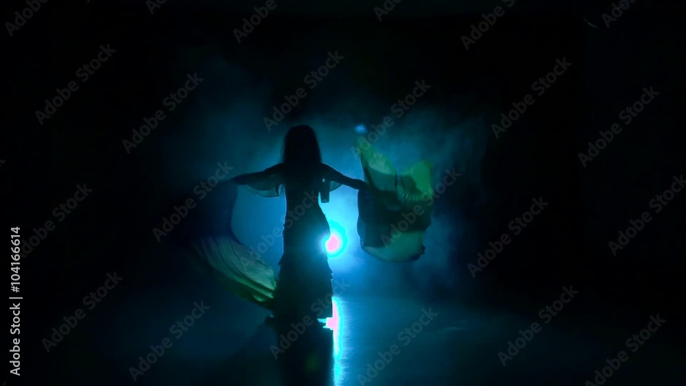 Talanted exotic belly dancer woman starts dance, uses fans, on black, slow motion, silhouette, smoke Talanted exotic belly dancer woman starts dance, uses fans, on black, slow motion, silhouette, smoke