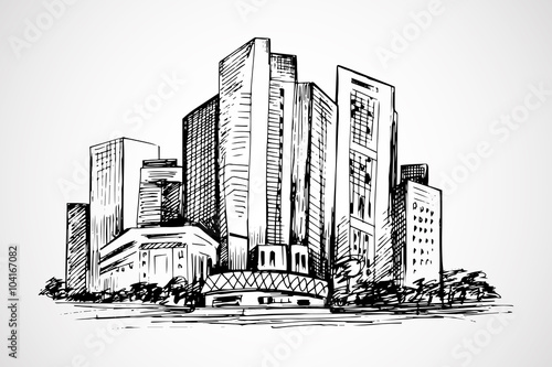 Hand drawn horizontal scene of office buildings