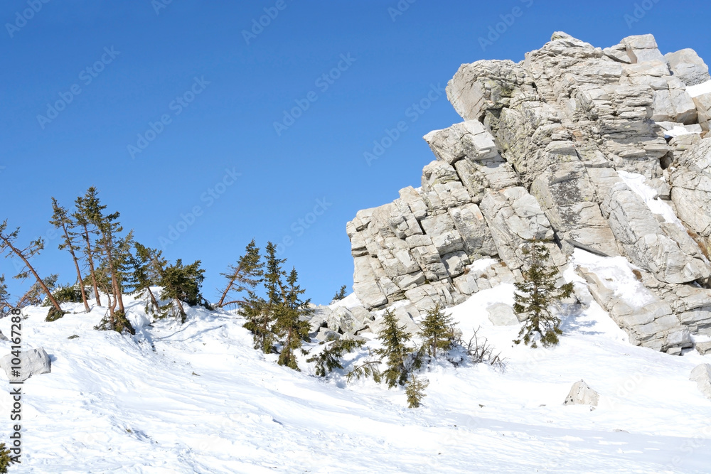Quartz remains on the top of Zuratkul mountain ridge, South Ural, Russia