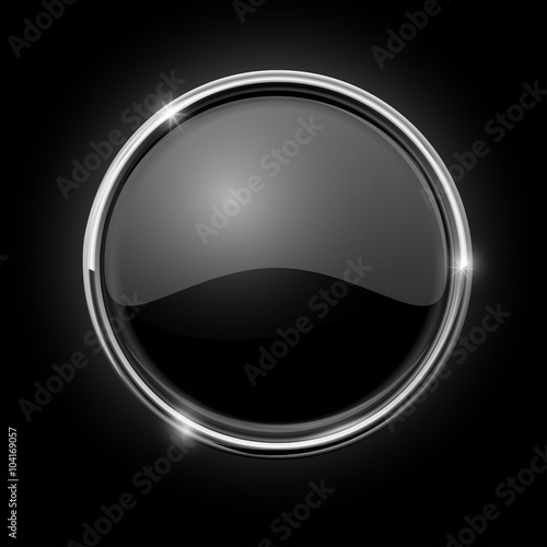 Black button. Round shiny button with chrome frame.