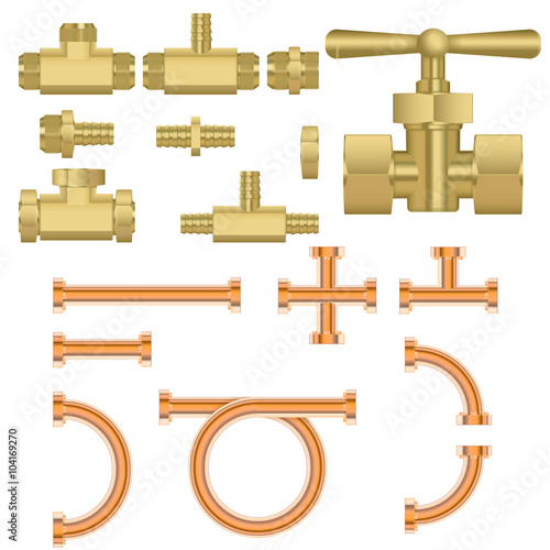 Bronze pipes for water. Set pipes and water valve.