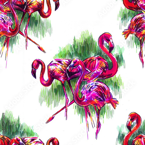 Seamless pattern with tropical plants and a flamingo