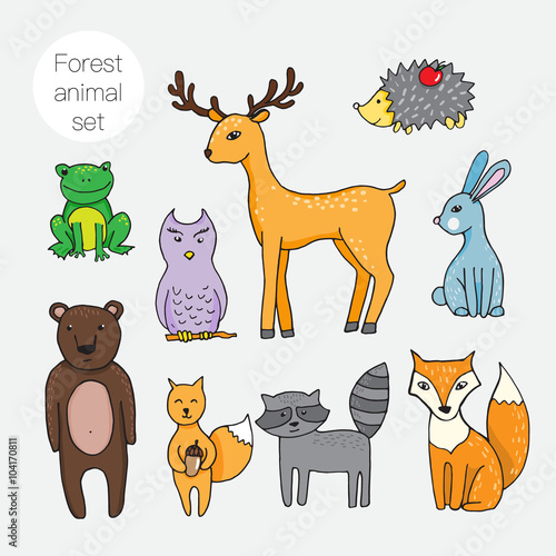 Set of different forest animals in cartoon styl