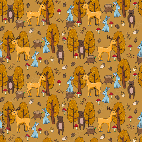 Seamless pattern with different anumals in a forest in cartoon s