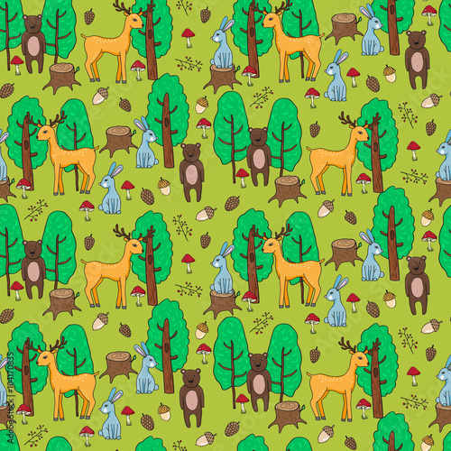 Seamless pattern with different anumals in a forest in cartoon s photo