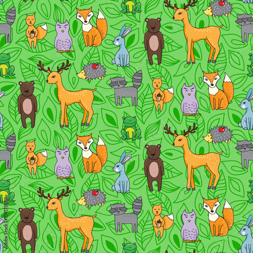 Seamless pattern with different anumals in a forest in cartoon s
