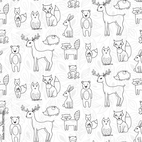 Seamless pattern with different anumals in a forest in cartoon s