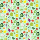 Seamless pattern with different vegetables, fruits and berries.