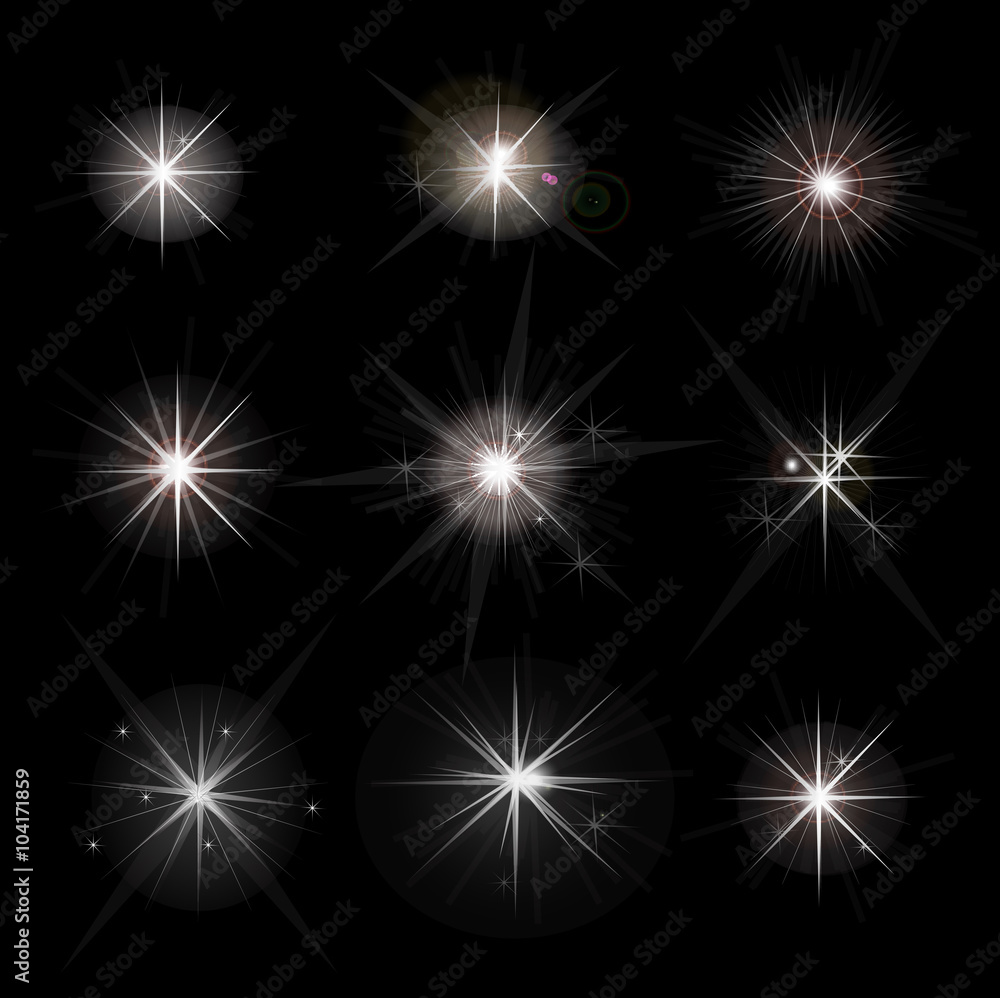 Fototapeta premium Shine stars with glitters and sparkles. Effect twinkle, design glare, scintillation element sign, graphic light, vector illustration