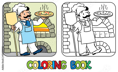 Coloring book of funny cook or chef  with pizza 