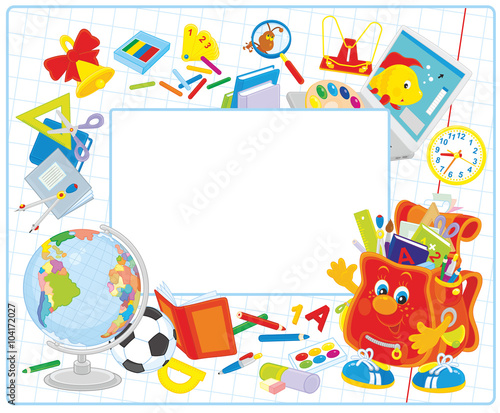 Vector horizontal frame border with a funny character Schoolbag waving in greeting, a globe and many other school supplies