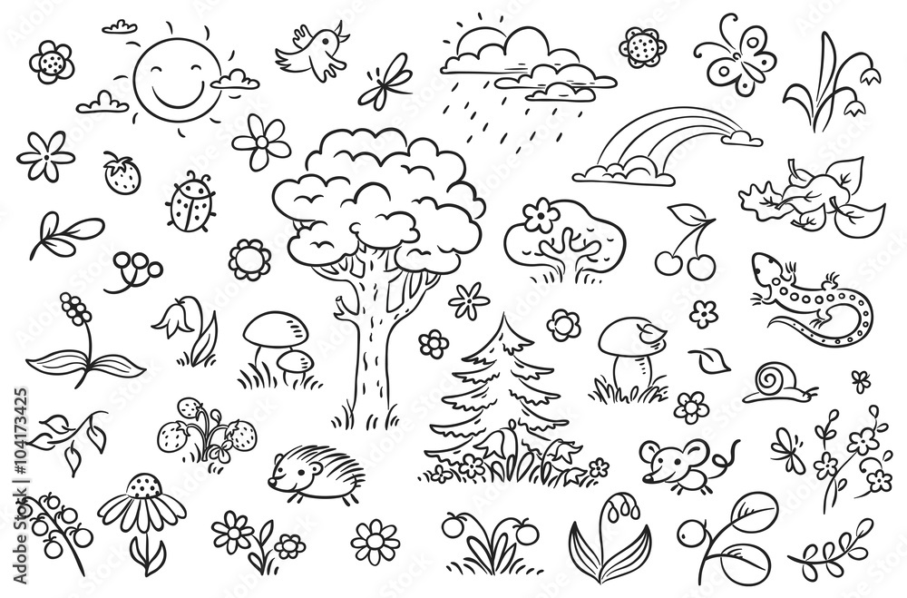 Cartoon nature set with trees, flowers, berries and small forest animals,  black and white outline Stock Vector | Adobe Stock