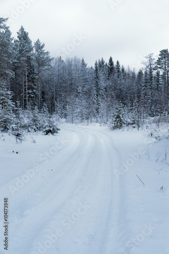 Winter landscape with small snowy country road in forest, Finland.