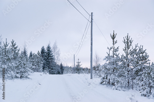 Winter landscape with small snowy country road in forest, Finland.