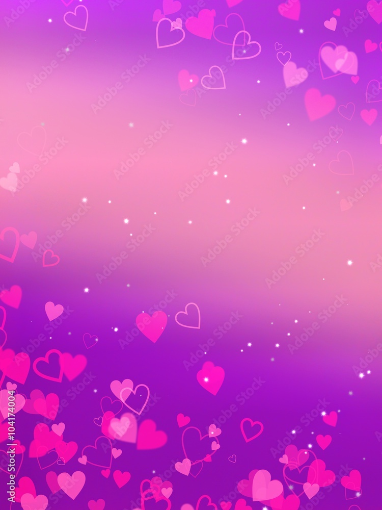 Purple Abstract Background with Red Hearts and Small Stars, Free Space for Text, Valentine's Day, Mother Day, Vertical