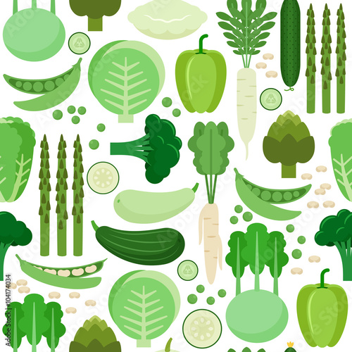 Green seamless pattern with different vegetables