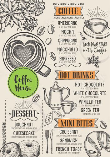 Coffee restaurant cafe menu, template design.