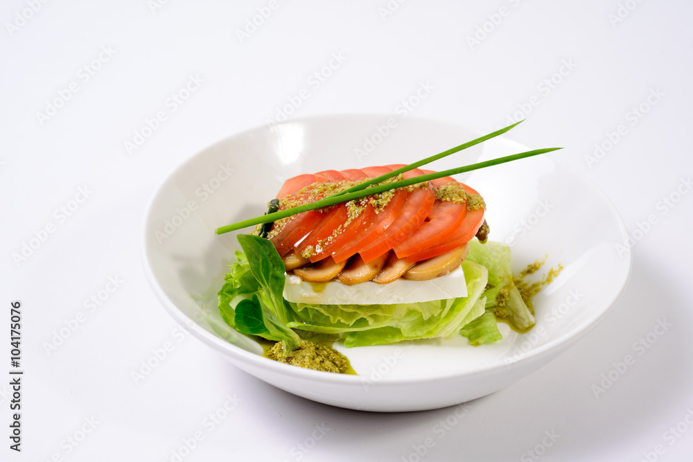 classic Caprese salad with tomatoes, cheese, herbs and sauce classic Caprese salad with tomatoes, cheese, herbs and sauce