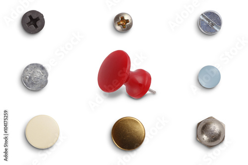 Different screw heads and pins isolated on white with clipping path