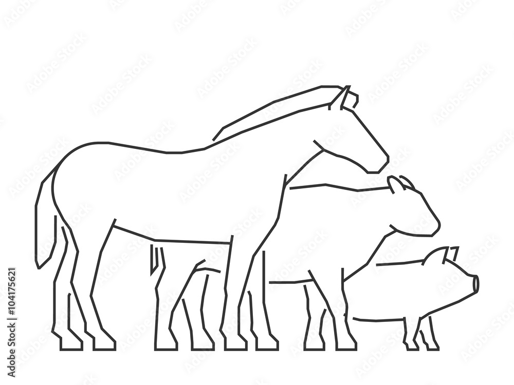 Fototapeta premium Vector line farm animals. Outline horse, pig, cow and chicken.