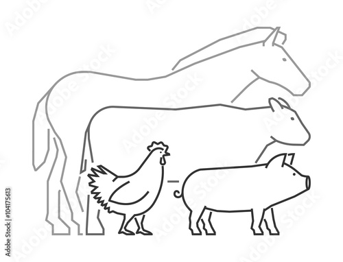 Linear logo for farmers market. Outline farm animals.