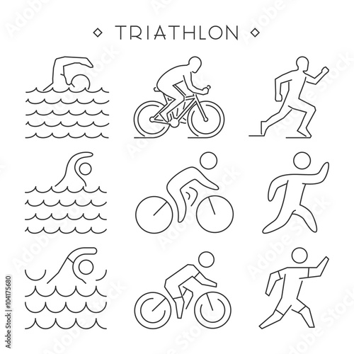 Linear triathlon symbol. Vector figures triathletes.