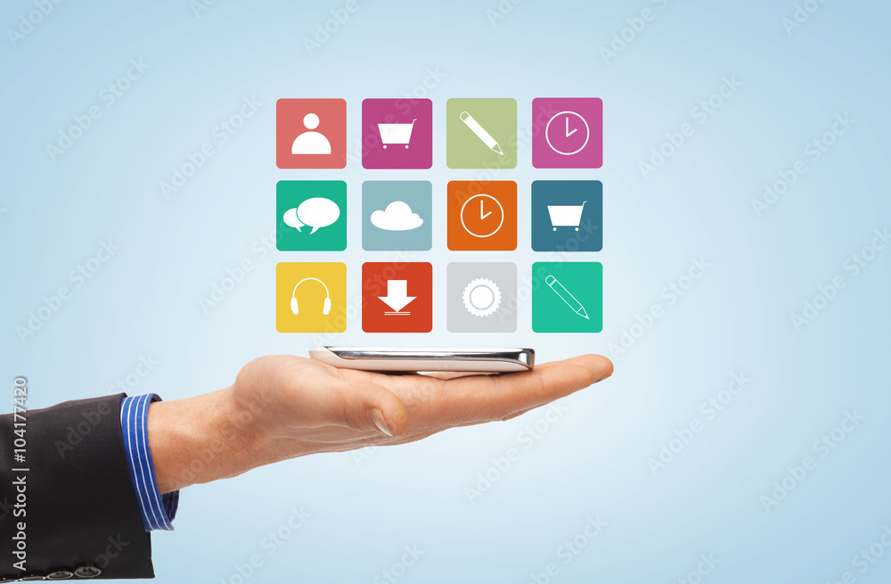 male hand with smartphone and menu icons male hand with smartphone and menu icons