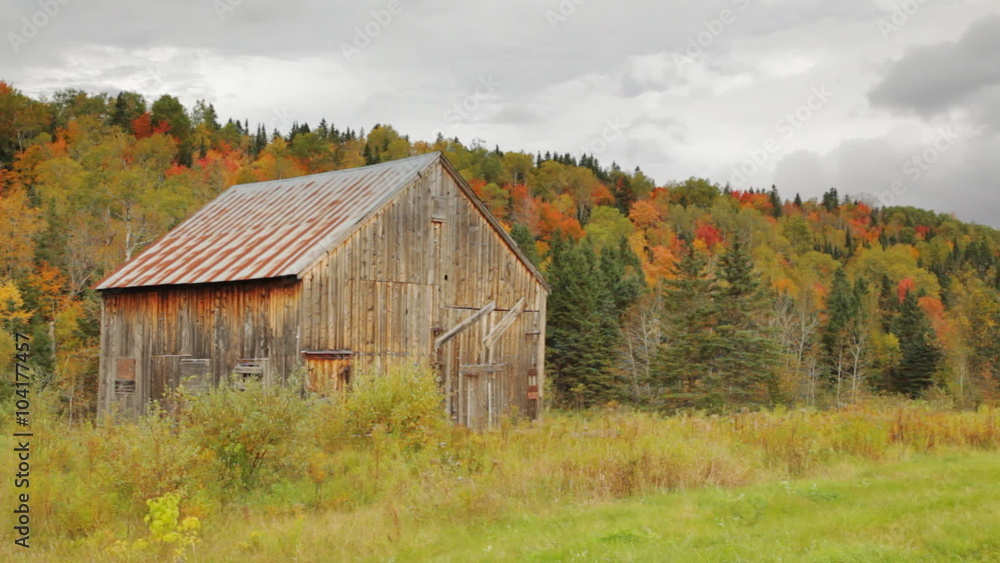 Pan of a weathered, old, wooden barn with colorful Autumn foliage on the trees on the hillside behind it. Pan of a weathered, old, wooden barn with colorful Autumn foliage on the trees on the hillside behind it.